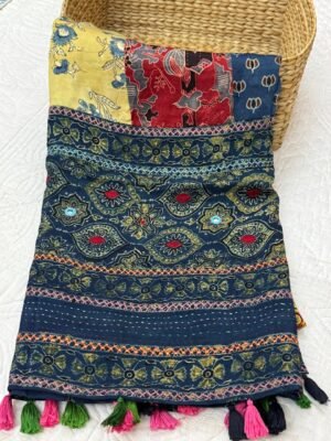 Ajrakh modal silk patchwork dupattas with beautiful tassels hand embroidery and mirror work on pallu