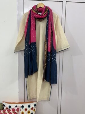 Kala Cotton stitched kurta with fine border detailing With Bandhani Mulmul dupatta