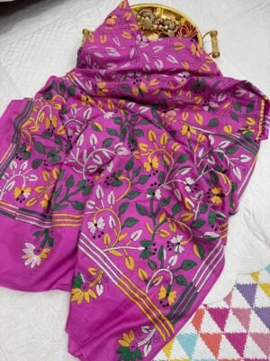 Kantha Work Hand-Embroidered Soft Silk Saree with Blouse