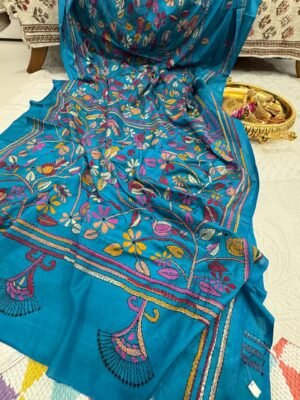 Kantha Work Hand-Embroidered Soft Silk Saree with Blouse
