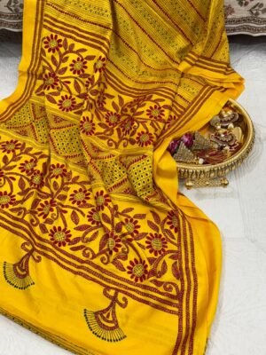 Kantha Work Hand-Embroidered Soft Silk Saree with Blouse
