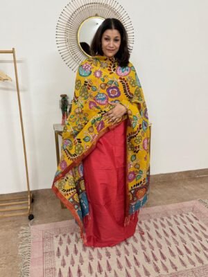 Raw Silk 2-Piece Suit Set with Handpainted Kalamkari Silk Dupatta