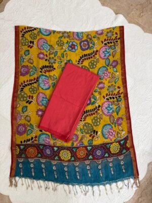 Raw Silk 2-Piece Suit Set with Handpainted Kalamkari Silk Dupatta