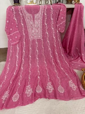 Luckhnawi Chikankari Mul Chanderi Anarkali Suit Set