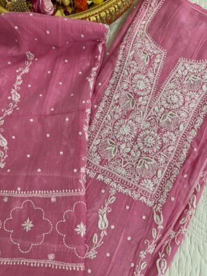 Luckhnawi Chikankari Mul Chanderi Anarkali Suit Set