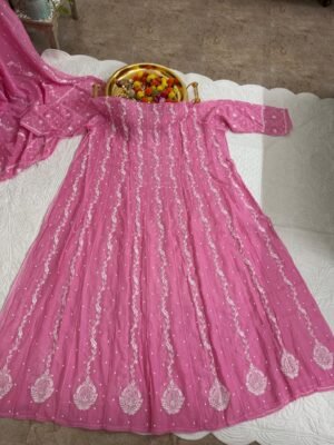 Luckhnawi Chikankari Mul Chanderi Anarkali Suit Set