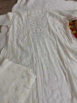 Luckhnawi Chikankari Mul Chanderi Anarkali Suit Set
