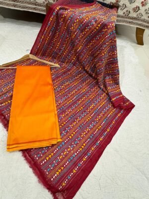 Silk Suit with Kantha Work Hand-Embroidered Pure Tussar Silk Dupatta