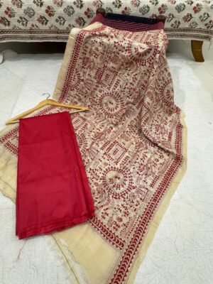 Silk Suit with Kantha Work Hand-Embroidered Pure Tussar Silk Dupatta