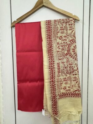Silk Suit with Kantha Work Hand-Embroidered Pure Tussar Silk Dupatta