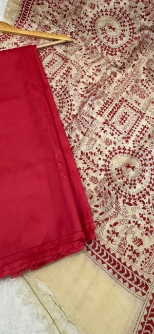 Silk Suit with Kantha Work Hand-Embroidered Pure Tussar Silk Dupatta