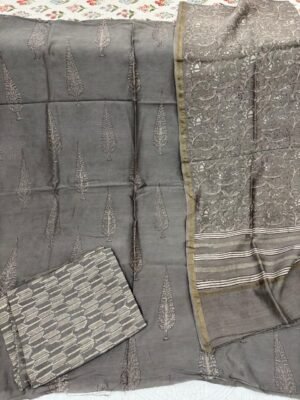 Chanderi Silk Handblock Print Suit Set – 3 Piece