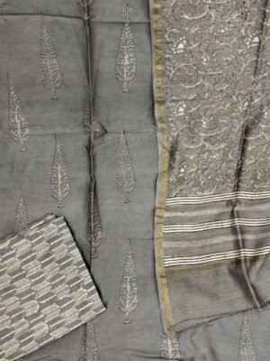 Chanderi Silk Handblock Print Suit Set – 3 Piece