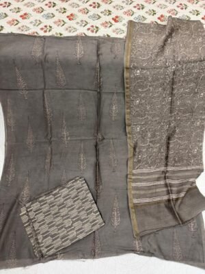 Chanderi Silk Handblock Print Suit Set – 3 Piece