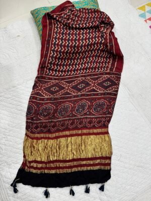 Ajrakh Handblock Print Modal Silk Stole with Tissue Pallu