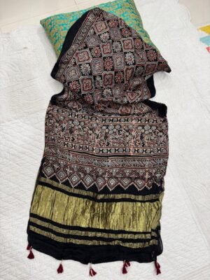 Ajrakh Handblock Print Modal Silk Stole with Tissue Pallu