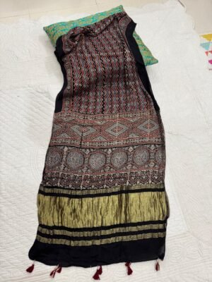 Ajrakh Handblock Print Modal Silk Stole with Tissue Pallu
