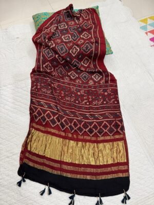 Ajrakh Handblock Print Modal Silk Stole with Tissue Pallu