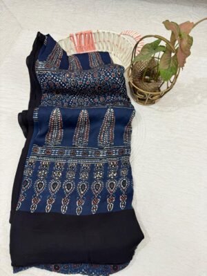 Modal Silk Ajrakh Handblock Print Saree with Blouse