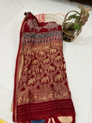 Ajrakh Handblock Print Dola Silk Saree with Blouse