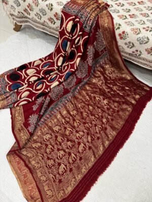 Ajrakh Handblock Print Dola Silk Saree with Blouse