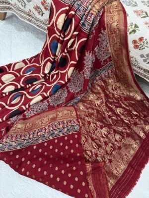 Ajrakh Handblock Print Dola Silk Saree with Blouse