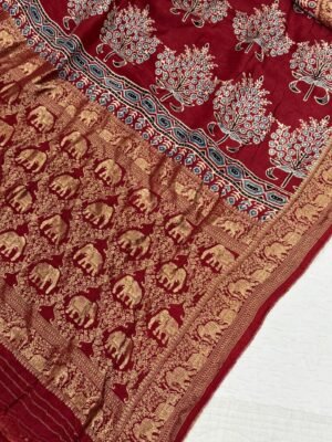 Ajrakh Handblock Print Dola Silk Saree with Blouse