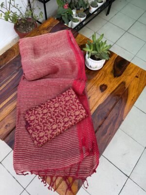 Pure Linen Zari Stripes Saree with Brocade Blouse Piece