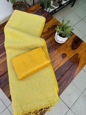 Pure Linen Zari Stripes Saree with Brocade Blouse Piece